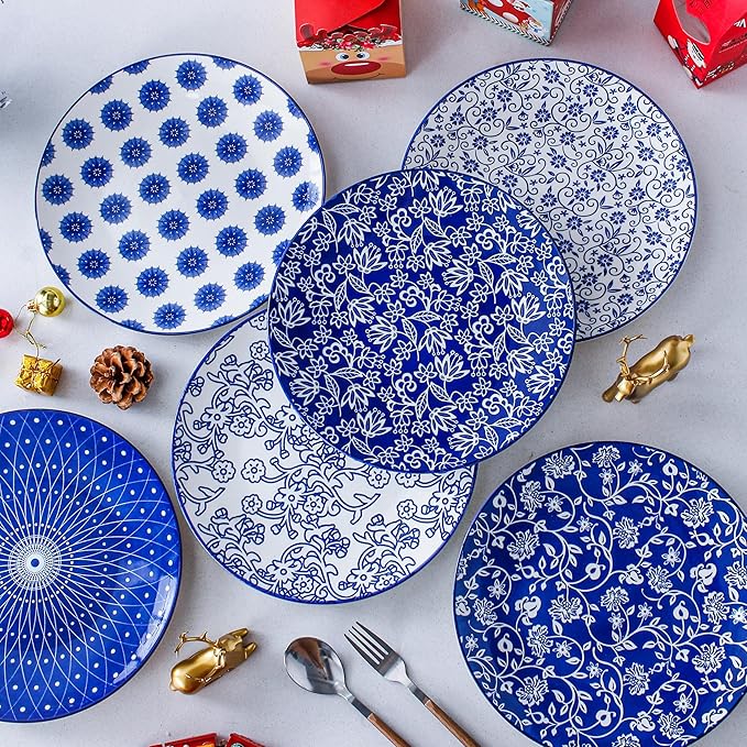 Ceramic Dinner Plates Set - 10.5 Inch Large Kitchen Porcelain Salad Serving Plate for Pasta Steak Pizza Pancakes - Scratch Resistant Dishwasher Oven Microwave Safe - Set of 6 - Vintage Blue
