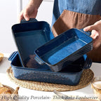 Ceramic Baking Dish Set of 3, Casserole Dishes for Oven, Square Porcelain Bakeware Set with Handles, Lasagna Baking Pan for Cooking, Perfect for Baking and Serving, Housewarming, Halloween, Thanksgiving, Christmas, New Year- Blue