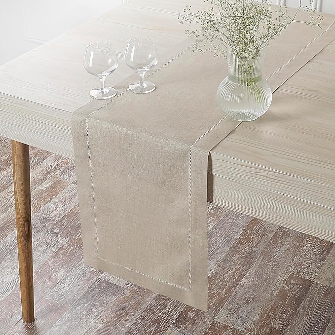 D'Moksha Homes Linen Natural Table Runner 144 Inches Long - 100% Pure Linen Extra Long Table Runner 14 x 144 Inch for Summer, Fall and Halloween - Classic Hemstitch