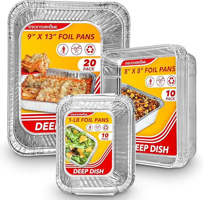 Stock Your Home (Set of 40) Aluminum Pans Disposable, (20) 9x13, (10) 8x8, (10) 1-Lb Heavy Duty Foil Pans, Baking Tins, Cooking Trays, Large and Small Catering Food Containers for Roasting, Serving