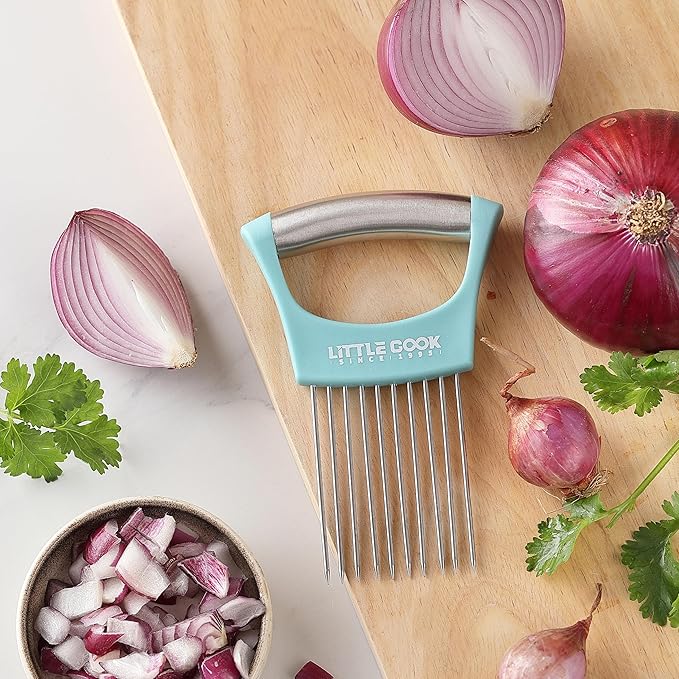 Onion Slicer Cutter, Little Cook Stainless Steel Onion Holder for Slicing and Storage of Onions, Avocados, tomato, Eggs, Dishwasher Safe, Protective Cover Included (Stylish Peapock blue)