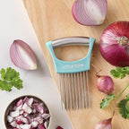 Onion Slicer Cutter, Little Cook Stainless Steel Onion Holder for Slicing and Storage of Onions, Avocados, tomato, Eggs, Dishwasher Safe, Protective Cover Included (Stylish Peapock blue)