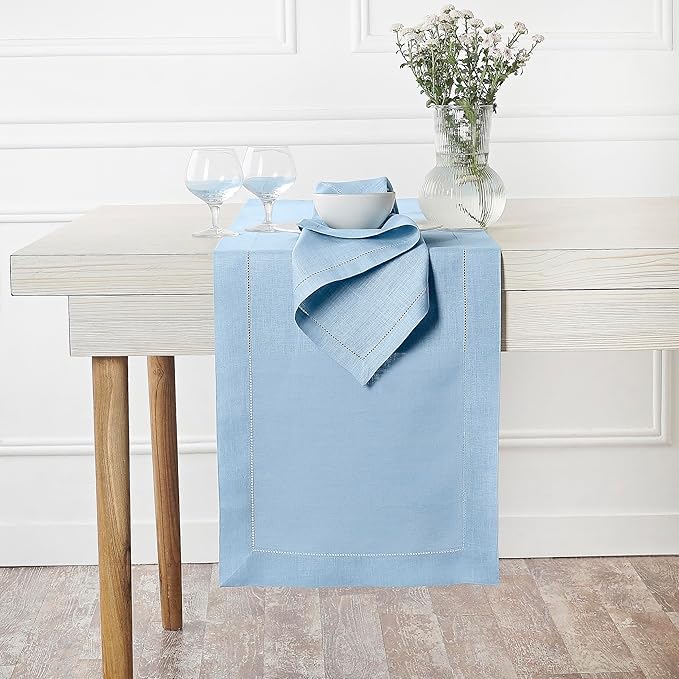 D'Moksha Homes Linen Powder Blue Table Runner 36 Inches - 100% Pure Linen Small Table Runner 14 x 36 Inch Ideal for Dresser, Coffee Tables, Fall and Halloween - Classic Hemstitch - Classic Hemstitch