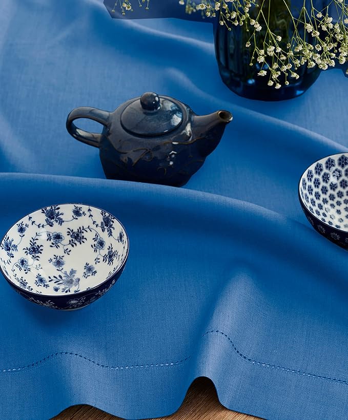 Solino Home Linen Square Tablecloth 52 x 52 Inch - 100% Pure Linen Indigo Blue Table Throw - Classic Hemstitch, Machine Washable Table Cloth for Summer, Fall, Autumn