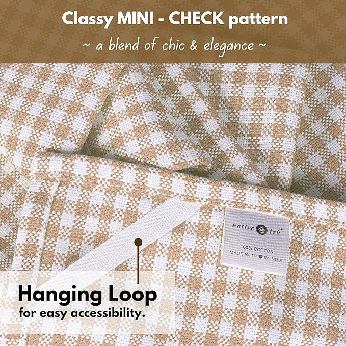 Native Fab Gingham Check Kitchen Dish Towels 16"x26" Set of 12-100% Cotton Mini Plaid Washcloths - Absorbent Dish Cloths Set, Cleaning Hand Towels with Hanging Loop - Beige White