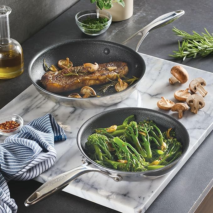 Circulon C1 Series Clad Stainless Steel with ScratchDefense Technology Cookware Nonstick Induction Frying Pans/Skillets, Metal Utensil Safe, 8.5 Inch and 10 Inch, Polished Stainless Steel