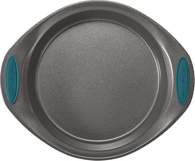 Rachael Ray Nonstick Bakeware Set with Grips includes Nonstick Bread / Baking Pans, Cookie / Baking Sheet and Cake Pans - 10 Piece, Gray with marine blue grips