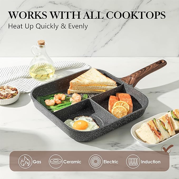 Sensarte Nonstick 11-Inch Square Grill Pan, 3-Section Versatile Breakfast Skillet, Die-cast Aluminum, PFOA, PFOS, APEO Free, Induction, Gas, Electric, Glass, Ceramic