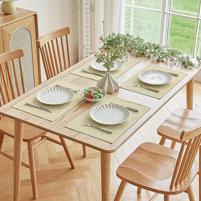 Softalker Faux Linen Placemats Set of 8-12 x 18 Inch, Heat Resistant Double Layered Durable Burlap Farmhouse Place Mats, Non-Slip Washable Rustic Table Mats for Dining, Kitchen, Party（Light Linen