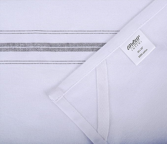 AMOUR INFINI Cotton White Kitchen Towels Set of 12 - Highly Absorbent, Soft, Quick Dry Dish Towel - Commercial, Restaurant and Bar Towels with Hanging Loop (16x28 Inch - Charcoal)