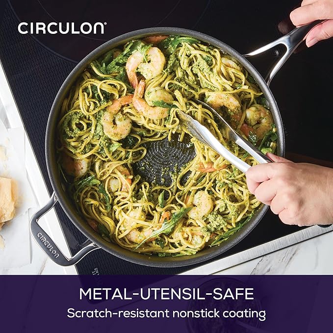 Circulon C1 Series Clad Stainless Steel with ScratchDefense Technology Cookware Nonstick Induction Saute Pan with Lid and Helper Handle, Metal Utensil Safe, 5 Quart - Polished Stainless Steel