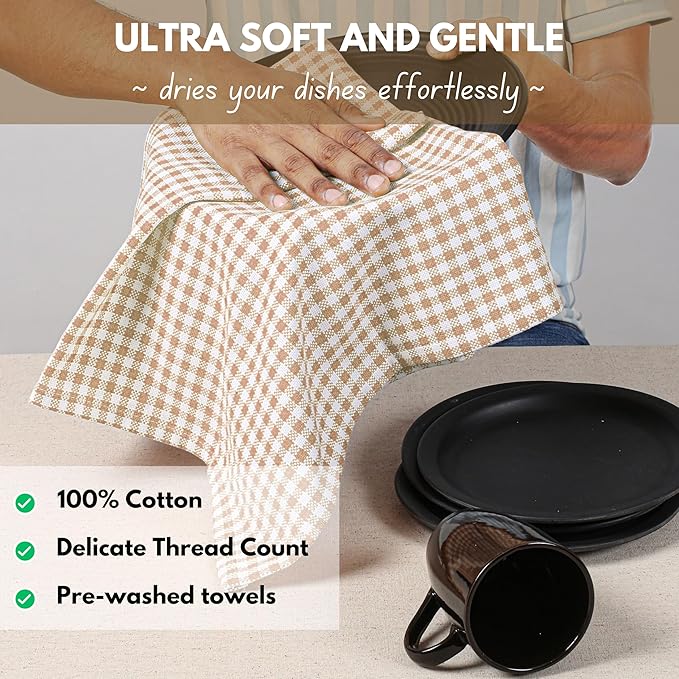 Native Fab 6 Pack Gingham Mini Check Kitchen Hand Towels Set - 100% Cotton Absorbent Reusable Washable 16"x26" - Quick Drying Dish Towels with Hanging Loops for Kitchen, Home, Bar, Beige White