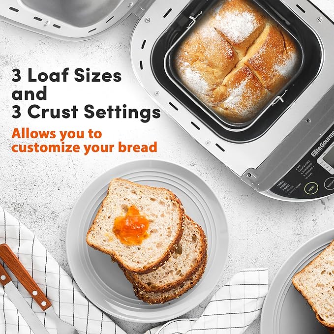 Elite Gourmet EBM8103CG Programmable Bread Maker CERALAST™ Ceramic Bread Pan & Kneading Blade 19 Menu Functions Gluten-Free, White, Wheat, Rye, French & more, 2lbs, Grey