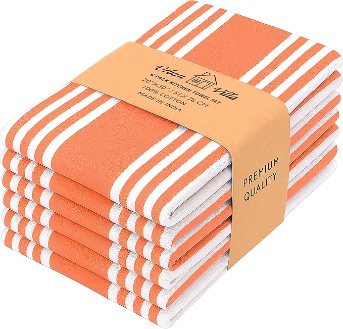 Urban Villa Kitchen Towels 100% Cotton Pack of 6, Highly Absorbent Quick Drying Super Soft Premium Dish Towels for Kitchen with Hanging Loop Hand & Tea Towels - 20x30 Inch, (Orange & White, Striped)