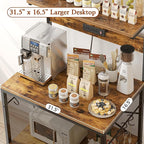 SUPERJARE Bakers Rack with Power Outlets, Microwave Stand, 31.5 X 16.5 Inch Larger Desktop, Kitchen Storage Rack with Adjustable Middle Shelf, 6 S-Shaped Hooks, Coffee Bar Stand, Rustic Brown
