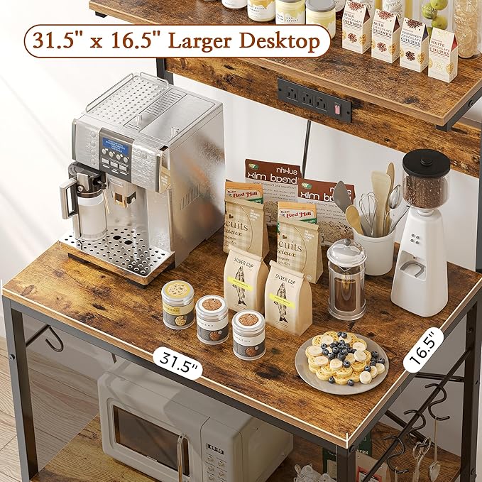 SUPERJARE Bakers Rack with Power Outlets, Microwave Stand, 31.5 X 16.5 Inch Larger Desktop, Kitchen Storage Rack with Adjustable Middle Shelf, 6 S-Shaped Hooks, Coffee Bar Stand, Rustic Brown