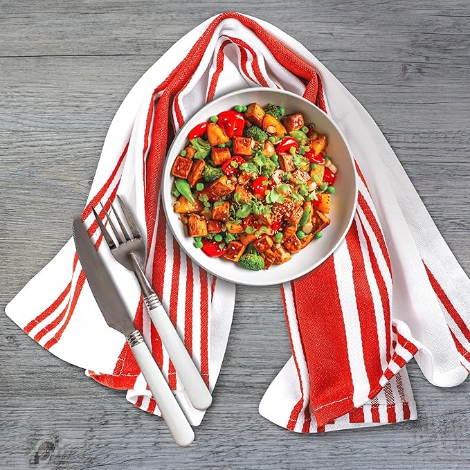 Urban Villa KitchenTowels 100% Cotton Pack of 3 Highly Absorbent Quick Drying Super Soft Premium Dish Towels for Kitchen with Hanging Loop Hand & Tea Towels - 20x30 Inch (Multi Color Striped)