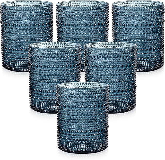 18PCS Hobnail Plastic Drinking Glasses - 14Oz Beaded Glasses Drinkware Set Disposable - Blue Vintage Plastic Bubble Glassware for Beer, Juice, Cocktail, Whiskey, Milk and Various Mixed Drinks