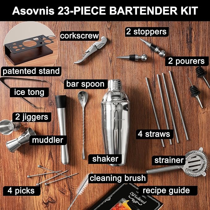 23-Piece Bartender Kit, Cocktail Shaker Set with Stand | Bar Drink Mixer Set with All Essential Bar Tools: Martini Shaker, Jigger, Strainer, Spoon, Muddler, Pourers, for Home, Bar, Party