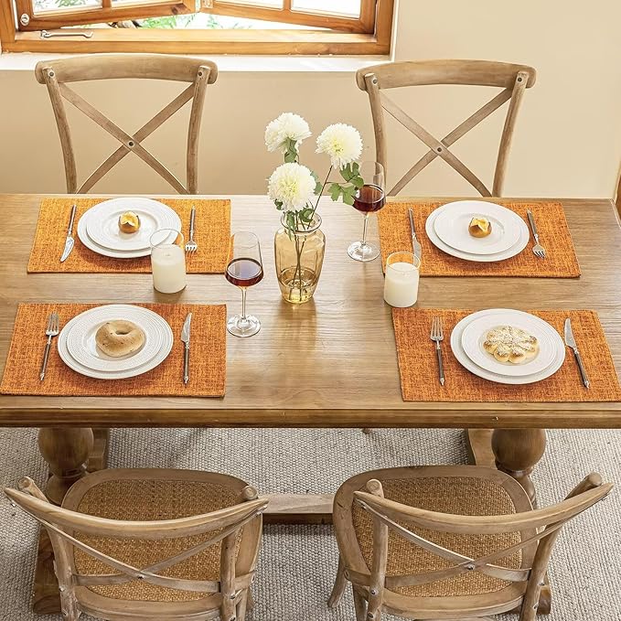 Blue Forest Placemats Set of 6, Dual-Layered Thickened Faux Linen Cloth Place Mats Heat Resistant Machine Washable Wrinkle Free Table Mats Indoor/Outdoor (Orange)