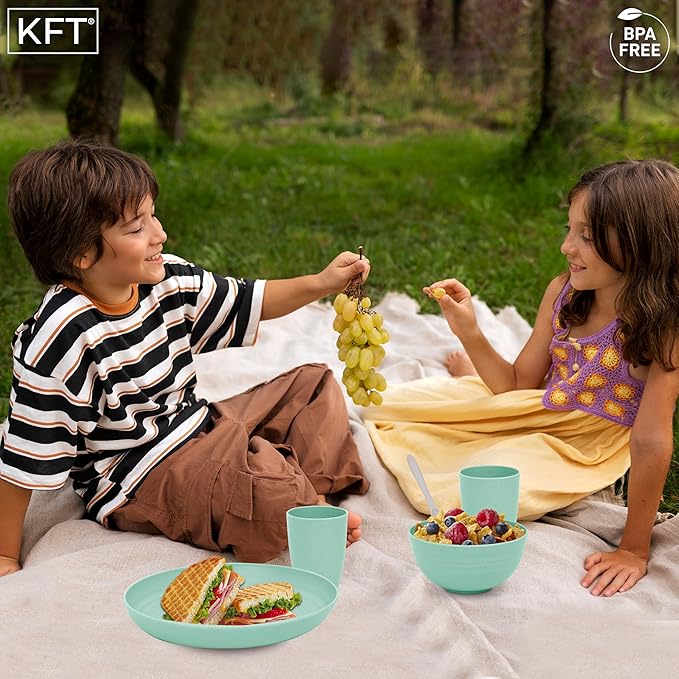 Wheat Straw Dinnerware Sets for 4 - KFT Lightweight & Unbreakable Dishes Microwave & Dishwasher Safe Perfect for Camping, Picnic, RV, Dorm Plates, Cups and Bowls (Green, 24pc)