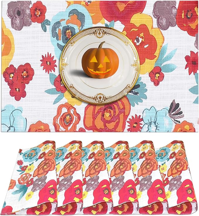 Ruvanti Placemats 100% Cotton 13x19 Inch, Dining Table Placemats Set of 6, Modern Place Mats for Dining Table Decor, Kitchen & Table Linens, Coffee Mat for Christmas Dinners – Multi Flower