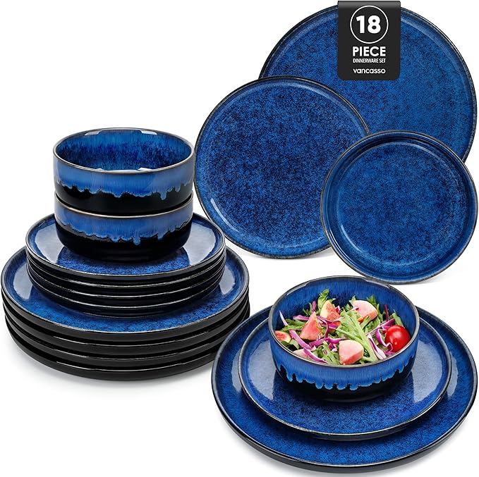 vancasso Starry 18 Pieces Dinnerware Sets for 6, Blue Reactive Glaze Dishes Sets, Ceramic Plates and Bowls Set, Dinner Salad Dessert Plates, and Cereal Bowls Set, Dishwasher and Microwave Safe