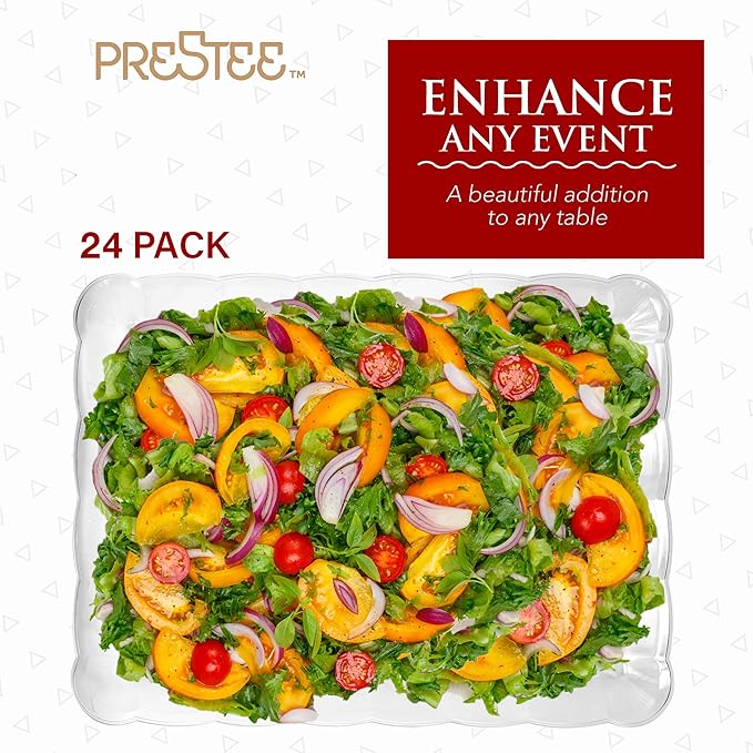 Prestee 24 Plastic Serving Trays 9x13 Inches Rectangular Disposable Serving Trays and Platters for Parties, Clear Plastic Tray for Food, Trays for Serving Food, Party Platters and Trays, 24pk
