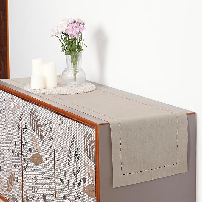 D'Moksha Homes Linen Natural Table Runner 102 Inches Long - 100% Pure Linen Hemstitch 14 x 102 Inch Table Runner for Dining, Summer, Fall and Halloween - Classic Hemstitch