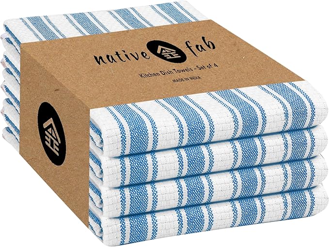 Native Fab Cotton Kitchen Towels - 16x26 inches - Set of 4 - Basket Weave Stripe Dish Towels for Cleaning, Drying Dishes, Absorbent Dish Cloths Set with Hanging Loop - Turquiose Blue