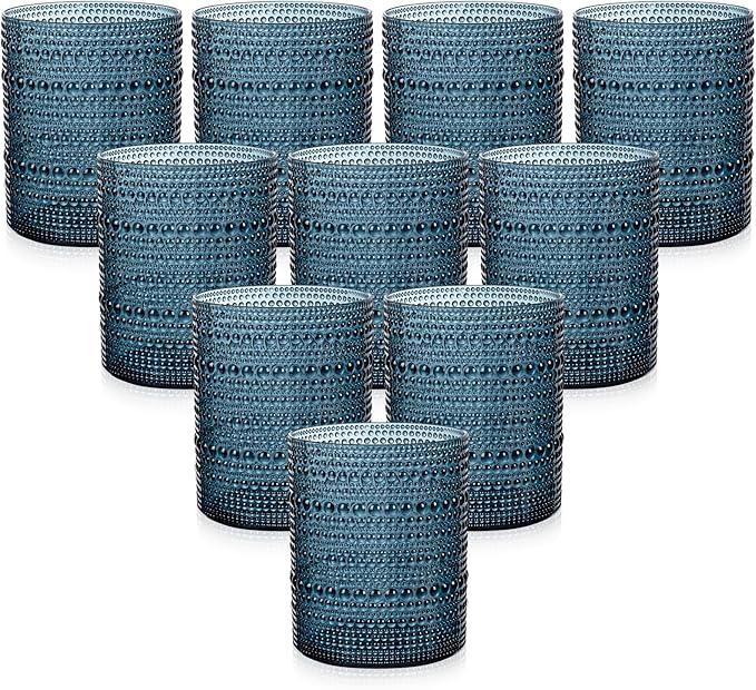 YOUBET 24PCS Plastic Hobnail Drinking Glasses - 14 Oz Blue Vintage Glasses Drinkware - Disposable Beaded Cups for Juice, Wine, Party