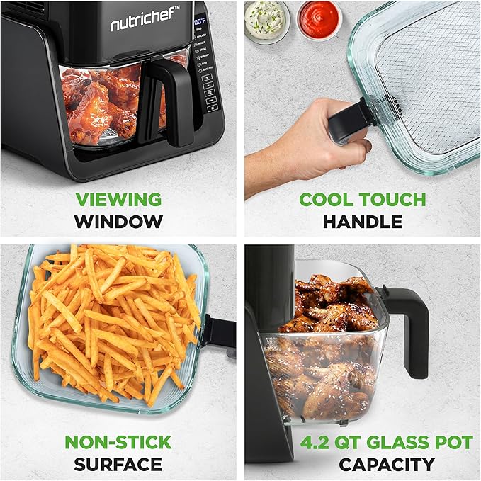 NutriChef 4 QT Air Fryer & Grill | 7-1 Preset Cook Modes | Transparent Fry Bowl for Best Cooking Results | Cook Shrimp, Steak, Fries, Wings & More | 4 QT Glass Air Fryer & 1.2 QT Grill | Black
