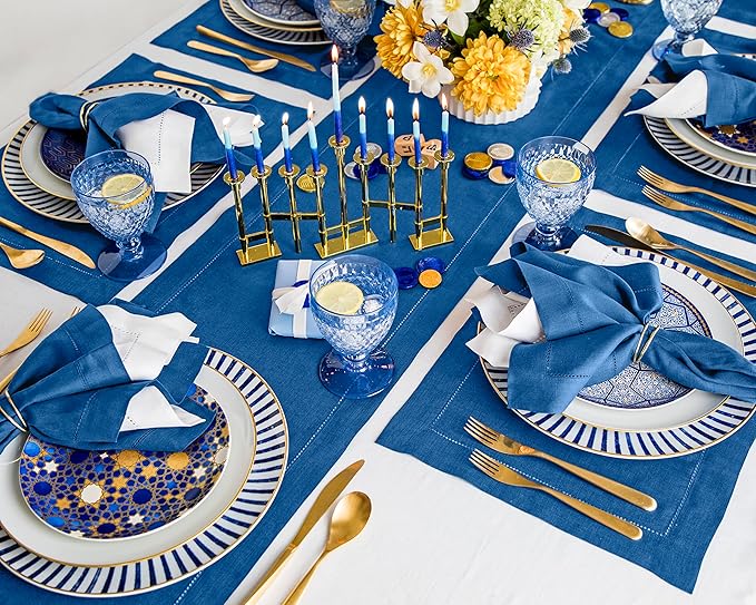 Solino Home Linen Hemstitch Table Runner 120 Inches Long - 100% Pure Linen Indigo Blue Table Runner 14 x 120 Inch for Summer, Fall, Autumn - Classic Hemstitch