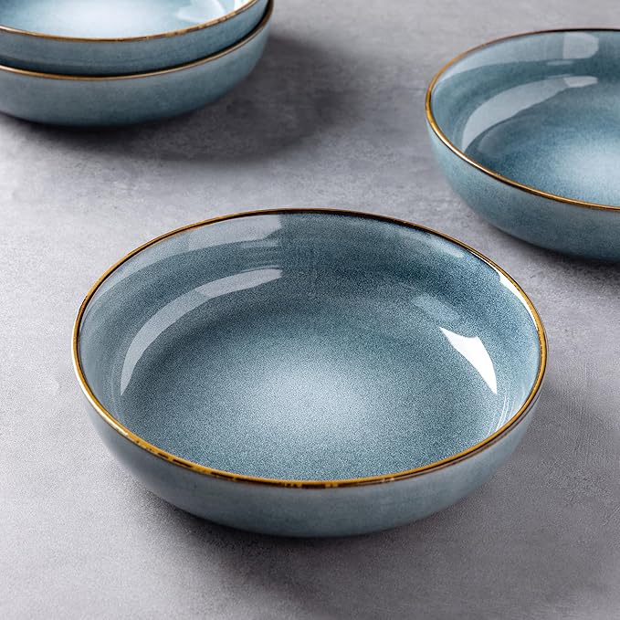 GBHOME 9'' Large Ceramic Pasta Bowls, 38oz Stoneware Pasta Serving Bowls Set of 4 for Kitchen, Wide Bowls for Fruit,Pasta,Salad,Oatmeal,Meal, Microwave Safe, Reactive Glaze-Space Blue