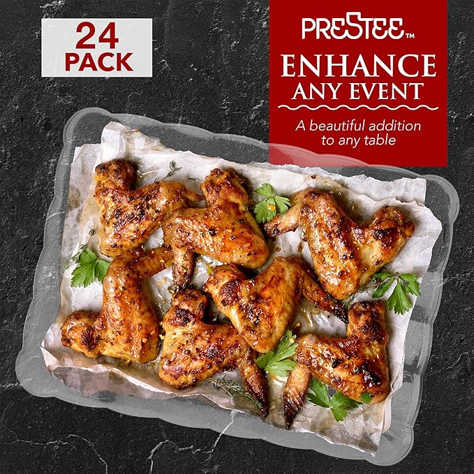 Prestee 24 Plastic Serving Trays 9x13 Inches Rectangular Disposable Serving Trays and Platters for Parties, Clear Plastic Tray for Food, Trays for Serving Food, Party Platters and Trays, 24pk