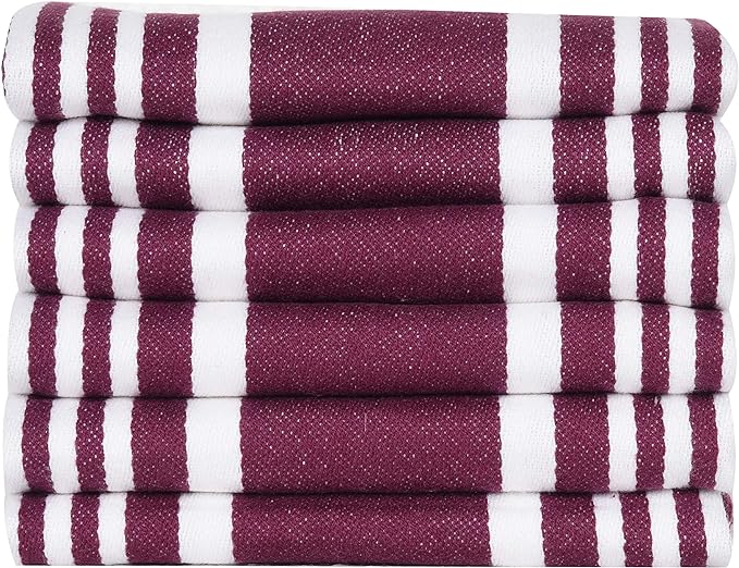 Urban Villa Kitchen Towels 100% Cotton Pack of 6, Highly Absorbent Quick Drying Super Soft Premium Dish Towels for Kitchen with Hanging Loop Hand & Tea Towels - 20x30 Inch, (Wine & White, Striped)
