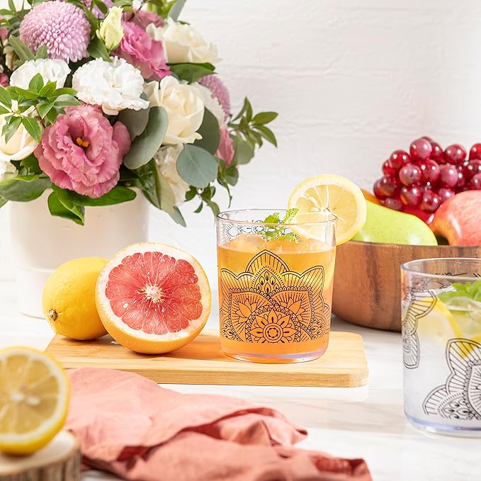 bzyoo BPA-Free Designed Dishwasher Safe 14 oz Plastic Tumbler Set which is Durable and Stackable Great For Parties, Anniversaries (6 PCS, Mandala Black)