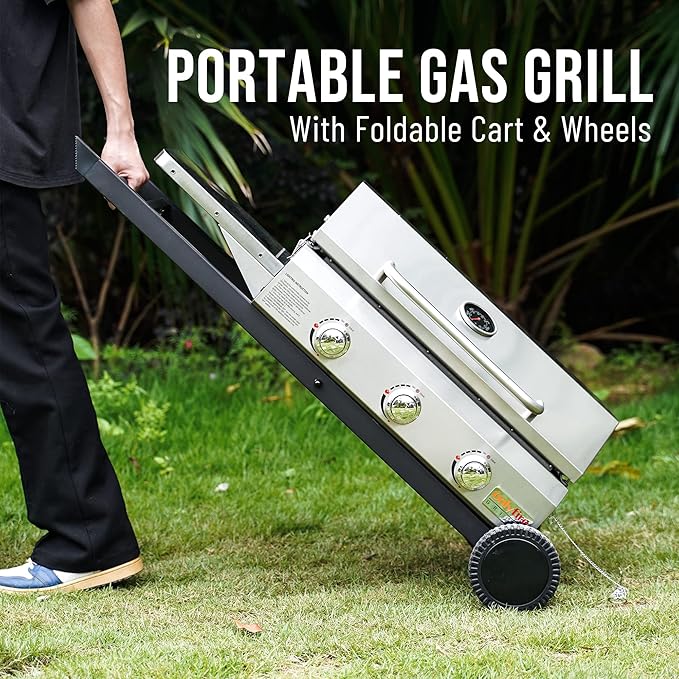 Portable Propane Gas Griddle 3-Burner with Foldable Cart & Side Table, Flat Top Gas Grill Griddle Stove with Lid, for Outdoor Cooking Patio Backyard Camping RV Tailgating Beach, GS310