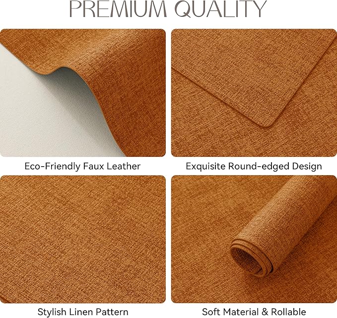 Romanstile Fall Vinyl Placemats Set of 4-12 X 18 Inch - Heat Resistant Place Mats 100% Waterproof Oilproof Wipeable Reversible Faux Leather Table Mats for Kitchen/Dining/Party/Outdoor, Orange
