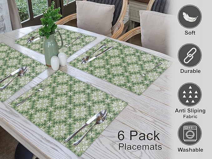 Ruvanti Placemats 100% Cotton 13x19 Inch, Dining Table Placemats Set of 6, Modern Place Mats for Dining Table Decor, Kitchen & Table Linens, Coffee Mat for Christmas Dinners - Grass Green