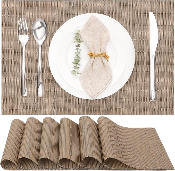 Myir JUN Placemats Set of 6, Vinyl Woven Placemats Place Mats Indoor Washable Table Mats Non-Slip Place mats for Dining Table (Light Brown, Set of 6)