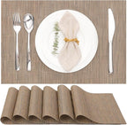 Myir JUN Placemats Set of 6, Vinyl Woven Placemats Place Mats Indoor Washable Table Mats Non-Slip Place mats for Dining Table (Light Brown, Set of 6)