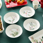 Holly and Vines Dinner Bowls Set of 4, 40 oz Stoneware Bowls 9.5"x2" with Elegant Botanical Design, Microwave & Dishwasher Safe Holiday Tableware for Pasta, Salads, Soups & Seasonal Dining