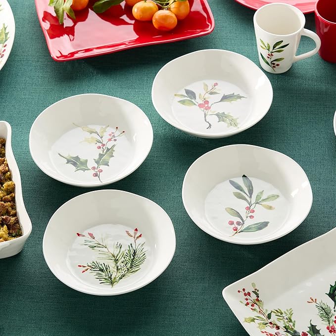 Holly and Vines Dinner Bowls Set of 4, 40 oz Stoneware Bowls 9.5"x2" with Elegant Botanical Design, Microwave & Dishwasher Safe Holiday Tableware for Pasta, Salads, Soups & Seasonal Dining