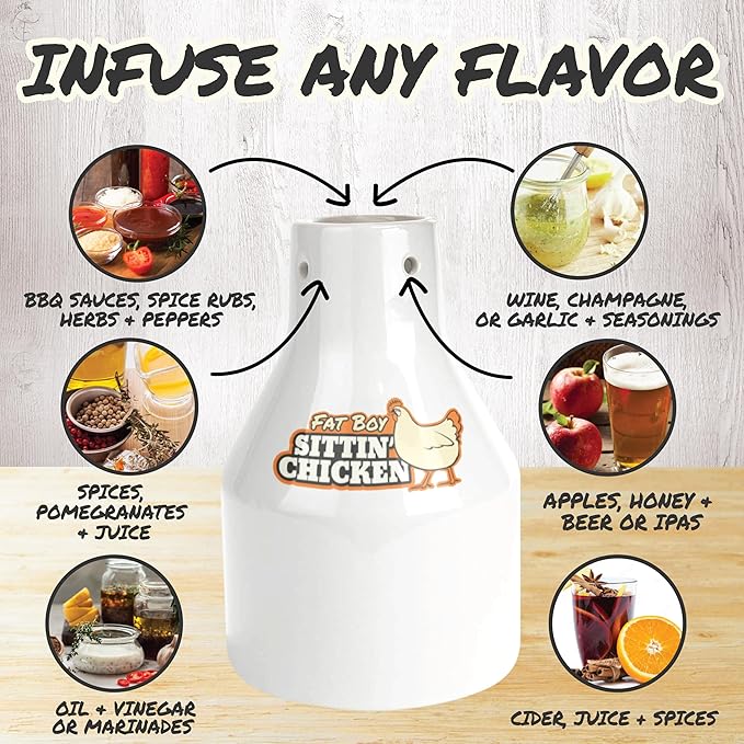 Ceramic Beer Can Roaster with 4 Steam Holes for More Flavor-Fat Boy Sittin' Chicken Marinade BBQ Cooker- Extra Wide Base Holds Full Chicken-Great for Xmas Meal Prep & Holiday Parties-Grill & Oven Safe