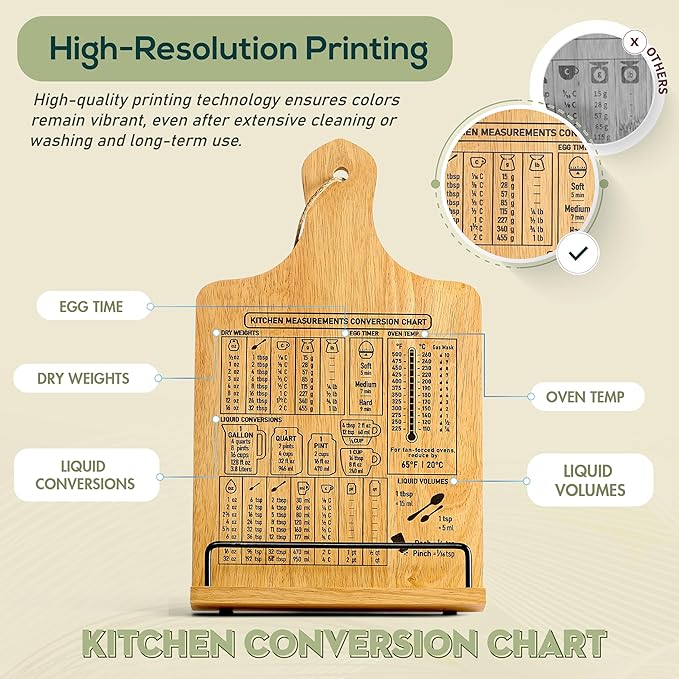 Cookbook Stand, Rustic Wood Cookbook Holder Cutting Board Style, Adjustable Recipe Ipad Tablet Book Holder and Stand for Kitchen with Anti-Slip Kickstand (Natural Conversion Chart)