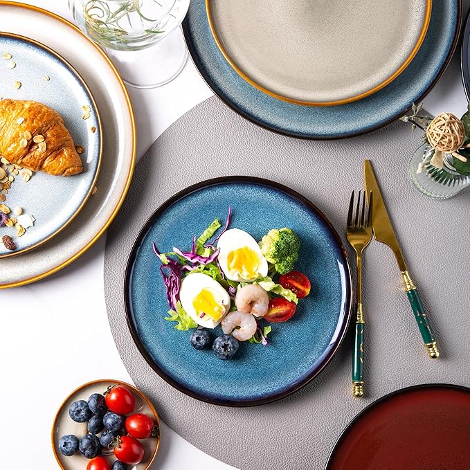 LERATIO Ceramic Plates Set of 6, 10.5 Inch Reactive Glaze Light Weight Porcelain Salad Plates,Modern Shape Dinnerware Dishes Set for Microwave& Dishwasher &Oven Safe,Scratch Resistant-Colorful