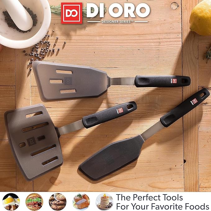 DI ORO Silicone Turner Spatula Set - Forever Warranty - Kitchen Spatulas for Nonstick Cookware - 600°F Heat-Resistant & BPA Free - Flexible & Thin Flippers for Turning Eggs & Pancakes (6 Piece, Black)
