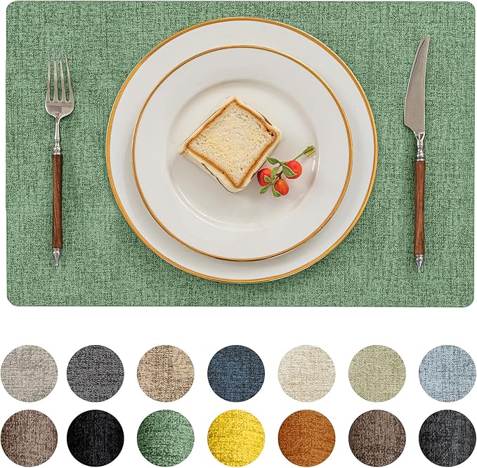 Romanstile Vinyl Placemats Set of 8-12 X 18 Inch - Heat Resistant Place Mats 100% Waterproof Oilproof Wipeable Reversible Faux Leather Table Mats for Kitchen/Dining/Party/Outdoor, Dark Green