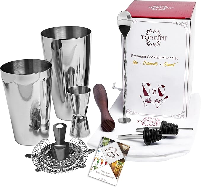 Professional Bartender Kit Cocktail Shaker Set by Toncini | Bartending Tools & Accessories | Stainless Steel Martini Shaker, Strainer, Jigger, Pourers, Muddler, Mixing Spoon, Recipe Book & Velvet Bag